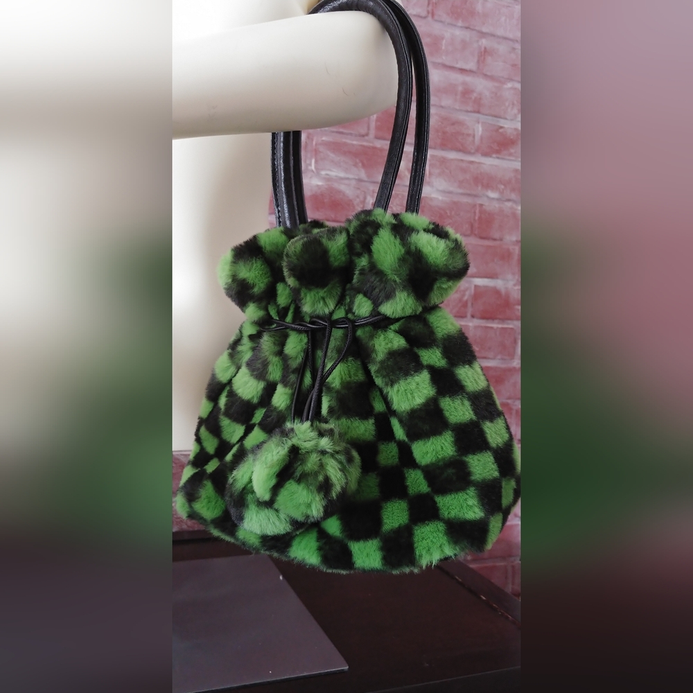 Jayley Collection Faux Fur Bag Purse Handbag Black & Green Checkered - Picture 10 of 11